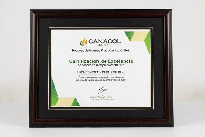 Diploma enmarcado de Canacol Energy por Buenas Prácticas Laborales, vigencia 2023