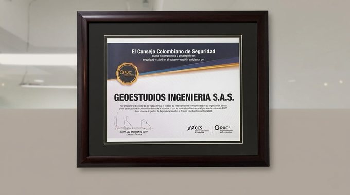 Diploma del Consejo Colombiano de Seguridad a Geoestudios Ingeniería S.A.S. por la evaluación RUC 2020