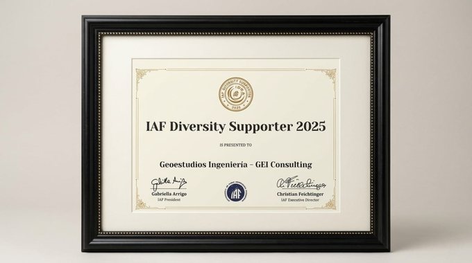 Reconocimiento IAF Diversity Supporter 2025 enmarcado, otorgado a Geoestudios Ingeniería – GEI Consulting