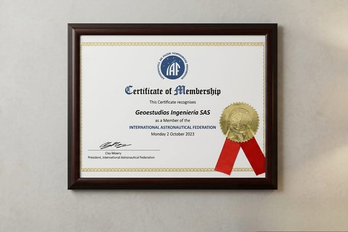 Certificado de membresía de Geoestudios Ingeniería SAS en la International Astronautical Federation, octubre de 2023