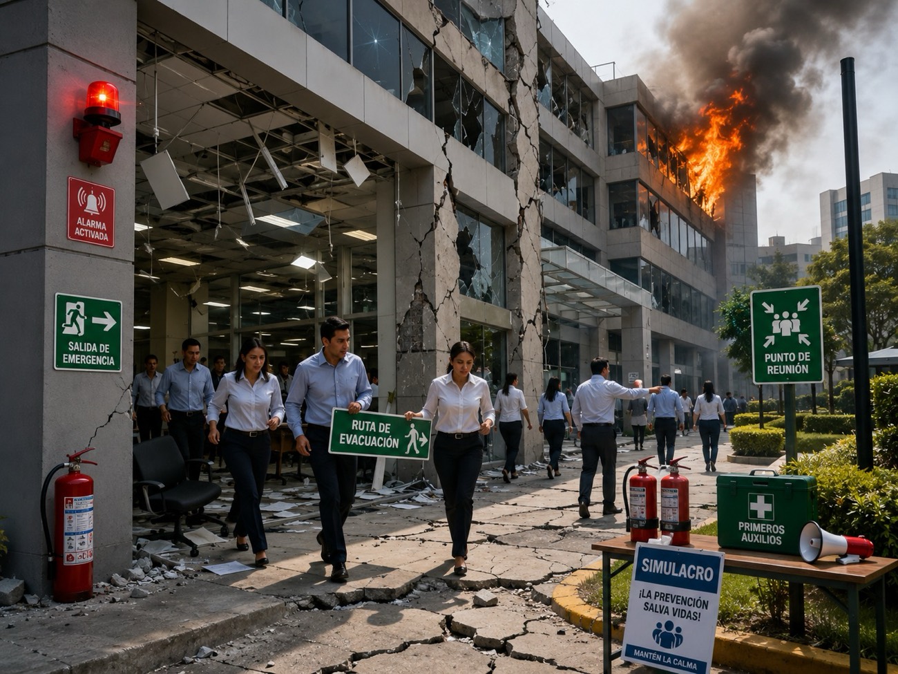 Simulacro de evacuación empresarial: brigada, señalización de rutas de evacuación, salida de emergencia y punto de reunión durante una emergencia